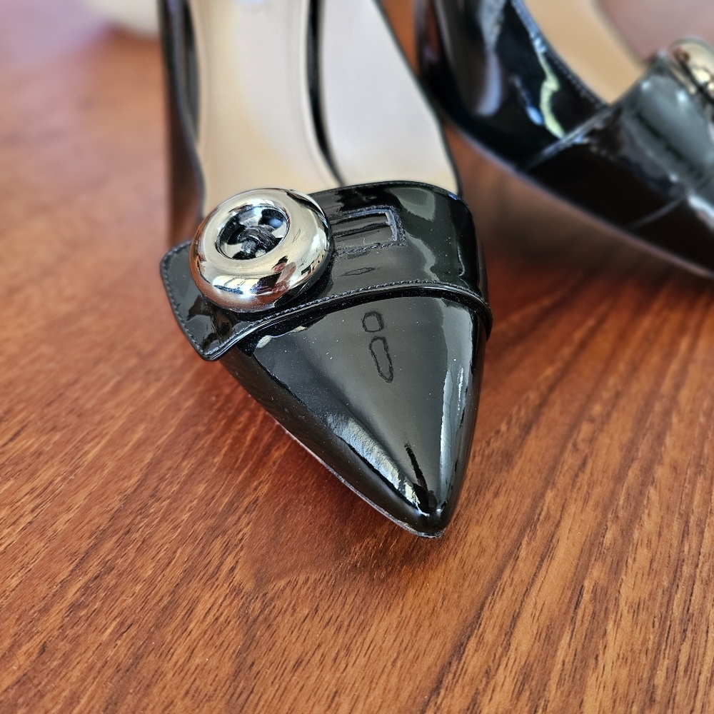 PRADA Black Italian Patent Leather Button Heels Point Toe Sz 40.5 NWOT - Picture 10 of 14
